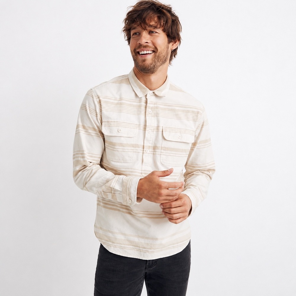 Madewell Mens L Pullover Shirt Long Sleeve Workwear Cotton Beige White Striped